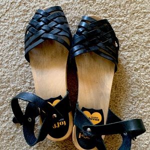 Swedish Hasbeens low heel black wedge clogs